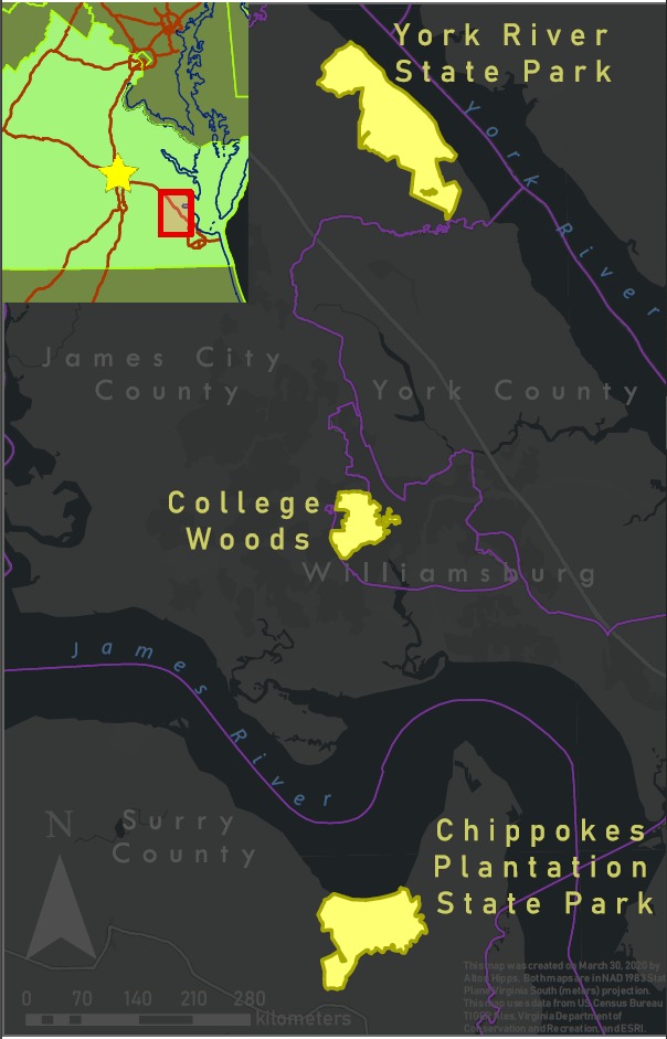 Dark themed map of radon research locations in the Williamsburg, VA area